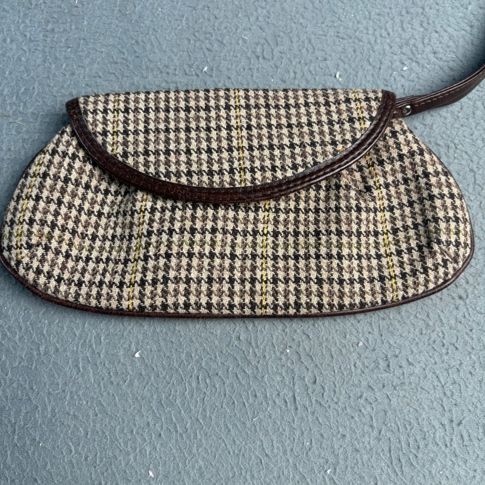 Vintage Houndstooth Wristlet Clutch Brown Tan Plaid Magnetic Snap Bag